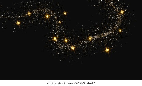 Gold glitzernde Konfettiwelle und Sternenstaub. Hintergrund mit goldenen magischen Funkeln auf dunklem Hintergrund. Vektorillustration