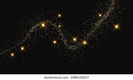 Gold glittering confetti wave and stardust. Backdrop with golden magical sparkles on dark background. Vector illustration