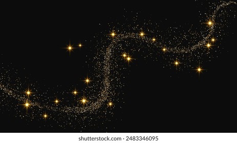 Gold glittering confetti wave and stardust. Backdrop with golden magical sparkles on dark background. Vector illustration