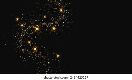 Gold glittering confetti wave and stardust. Backdrop with golden magical sparkles on dark background. Vector illustration