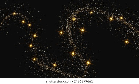 Gold glittering confetti wave and stardust. Backdrop with golden magical sparkles on dark background. Vector illustration