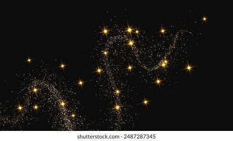 Gold glittering confetti wave and stardust. Backdrop with golden magical sparkles on dark background. Vector illustration