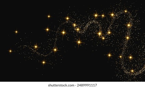 Gold glittering confetti wave and stardust. Backdrop with golden magical sparkles on dark background. Vector illustration