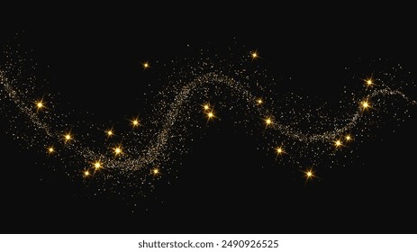 Gold glittering confetti wave and stardust. Backdrop with golden magical sparkles on dark background. Vector illustration