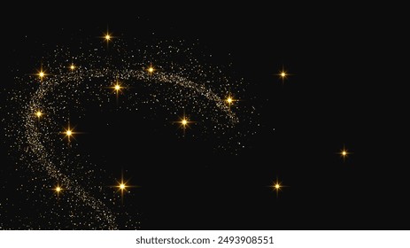 Gold glittering confetti wave and stardust. Backdrop with golden magical sparkles on dark background. Vector illustration