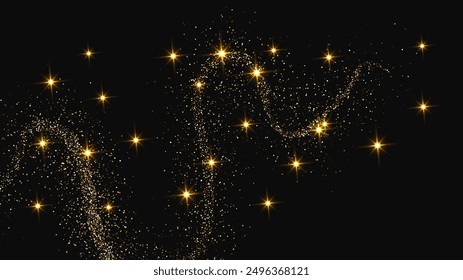 Ola de confeti brillante de oro y polvo de estrellas. Fondo con destellos mágicos dorados sobre fondo oscuro. Ilustración vectorial