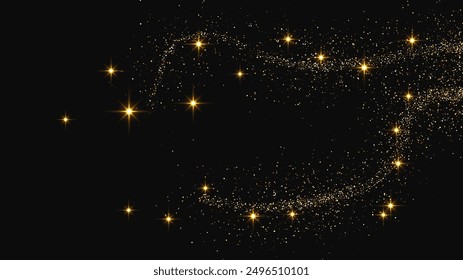 Ola de confeti brillante de oro y polvo de estrellas. Fondo con destellos mágicos dorados sobre fondo oscuro. Ilustración vectorial