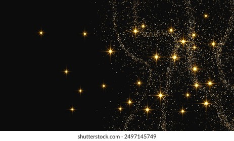 Gold glittering confetti wave and stardust. Backdrop with golden magical sparkles on dark background. Vector illustration