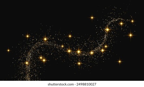 Gold glittering confetti wave and stardust. Backdrop with golden magical sparkles on dark background. Vector illustration