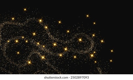 Gold glittering confetti wave and stardust. Backdrop with golden magical sparkles on dark background. Vector illustration