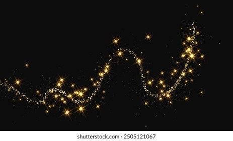 Gold glittering confetti wave and stardust. Backdrop with golden magical sparkles on dark background. Vector illustration