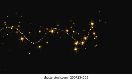 Gold glittering confetti wave and stardust. Backdrop with golden magical sparkles on dark background. Vector illustration