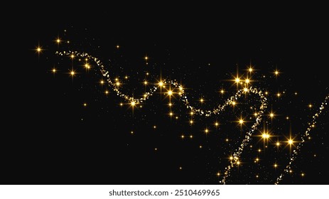 Gold glittering confetti wave and stardust. Backdrop with golden magical sparkles on dark background. Vector illustration