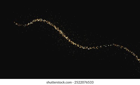 Gold glittering confetti wave and stardust. Backdrop with golden magical sparkles on dark background. Vector illustration