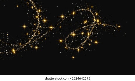 Ola de confeti brillante de oro y polvo de estrellas. Fondo con destellos mágicos dorados sobre fondo oscuro. Ilustración vectorial