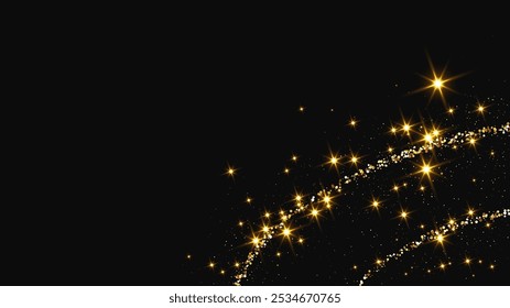 Gold glittering confetti wave and stardust. Backdrop with golden magical sparkles on dark background. Vector illustration