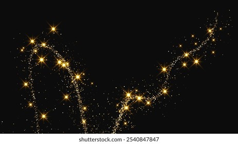 Gold glittering confetti wave and stardust. Backdrop with golden magical sparkles on dark background. Vector illustration