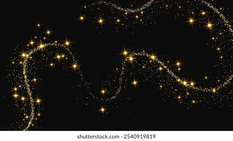 Gold glittering confetti wave and stardust. Backdrop with golden magical sparkles on dark background. Vector illustration