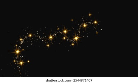 Gold glittering confetti wave and stardust. Backdrop with golden magical sparkles on dark background. Vector illustration