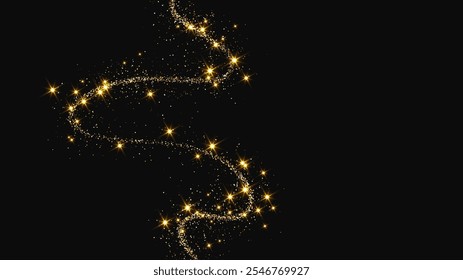 Gold glittering confetti wave and stardust. Backdrop with golden magical sparkles on dark background. Vector illustration
