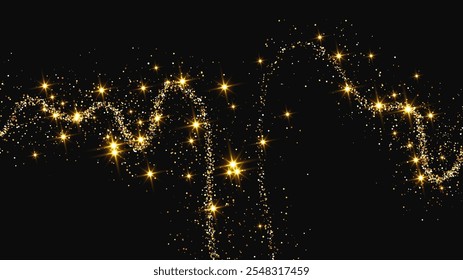 Gold glittering confetti wave and stardust. Backdrop with golden magical sparkles on dark background. Vector illustration