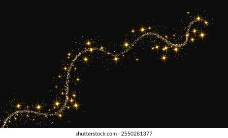 Gold glittering confetti wave and stardust. Backdrop with golden magical sparkles on dark background. Vector illustration