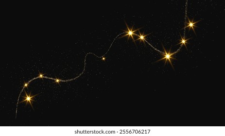 Gold glittering confetti wave and stardust. Backdrop with golden magical sparkles on dark background. Vector illustration