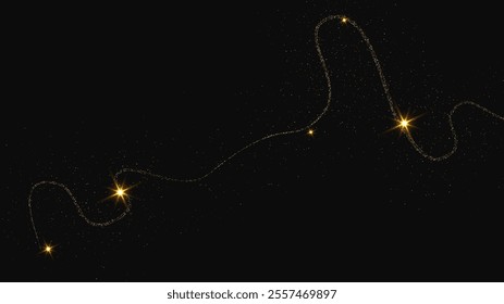 Gold glittering confetti wave and stardust. Backdrop with golden magical sparkles on dark background. Vector illustration