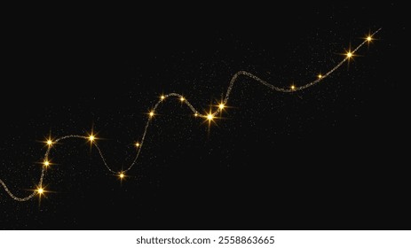Gold glittering confetti wave and stardust. Backdrop with golden magical sparkles on dark background. Vector illustration