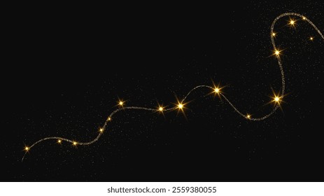 Gold glittering confetti wave and stardust. Backdrop with golden magical sparkles on dark background. Vector illustration