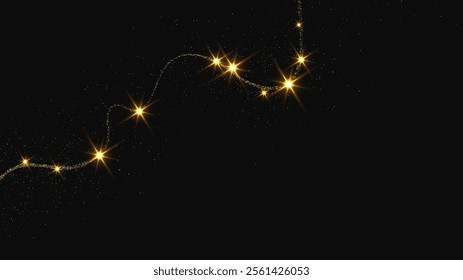 Gold glittering confetti wave and stardust. Backdrop with golden magical sparkles on dark background. Vector illustration