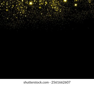 Gold glittering confetti wave and stardust. Backdrop with golden magical sparkles on dark background, Golden glitter splash, shiny star dust explosion, shimmer spray effect, festive holiday particles.