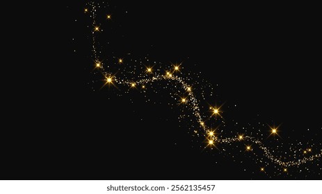 Gold glittering confetti wave and stardust. Backdrop with golden magical sparkles on dark background. Vector illustration