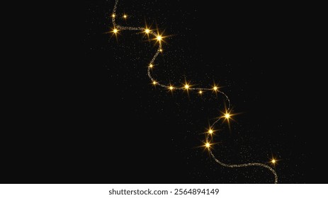 Gold glittering confetti wave and stardust. Backdrop with golden magical sparkles on dark background. Vector illustration