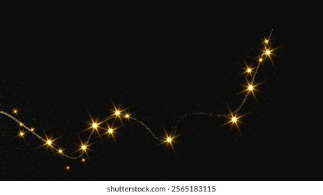 Gold glittering confetti wave and stardust. Backdrop with golden magical sparkles on dark background. Vector illustration