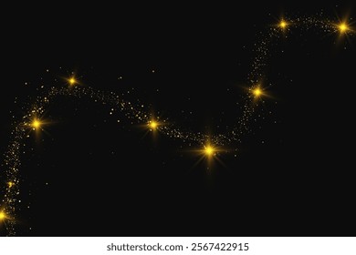 Gold glittering confetti wave and stardust. Backdrop with golden magical sparkles on dark background. Vector illustration