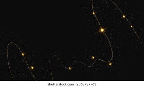 Gold glittering confetti wave and stardust. Backdrop with golden magical sparkles on dark background. Vector illustration