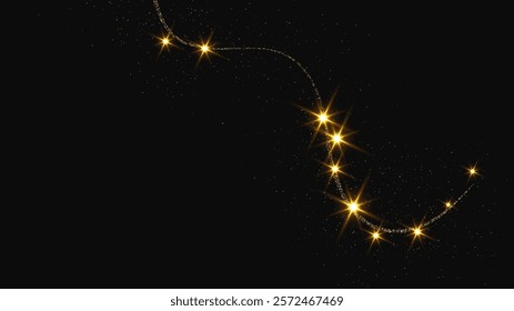 Gold glittering confetti wave and stardust. Backdrop with golden magical sparkles on dark background. Vector illustration