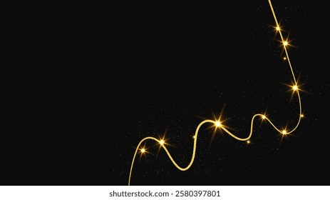 Gold glittering confetti wave and stardust. Backdrop with golden magical sparkles on dark background. Vector illustration