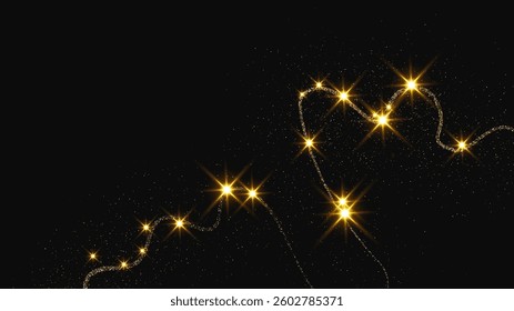 Gold glittering confetti wave and stardust. Backdrop with golden magical sparkles on dark background. Vector illustration