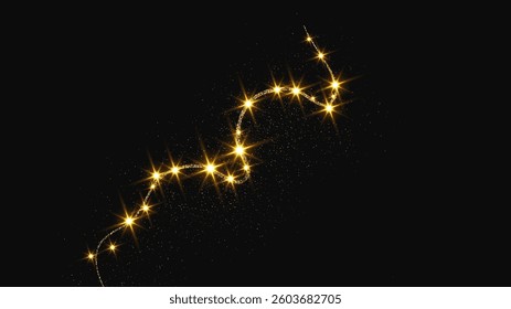 Gold glittering confetti wave and stardust. Backdrop with golden magical sparkles on dark background. Vector illustration