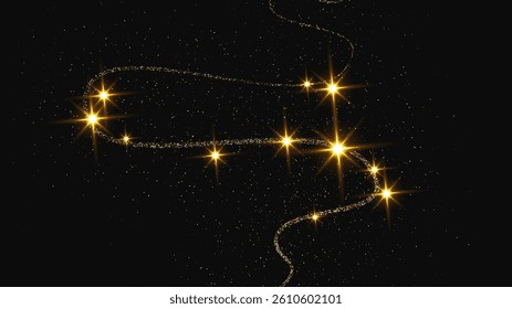 Gold glittering confetti wave and stardust. Backdrop with golden magical sparkles on dark background. Vector illustration