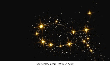 Gold glittering confetti wave and stardust. Backdrop with golden magical sparkles on dark background. Vector illustration