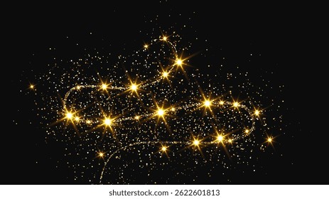 Gold glittering confetti wave and stardust. Backdrop with golden magical sparkles on dark background. Vector illustration