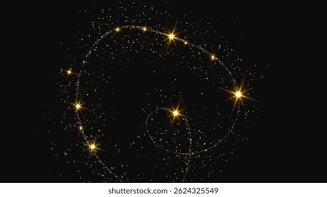 Gold glittering confetti wave and stardust. Backdrop with golden magical sparkles on dark background. Vector illustration