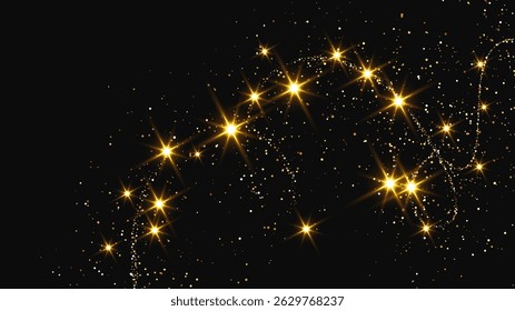 Gold glittering confetti wave and stardust. Backdrop with golden magical sparkles on dark background. Vector illustration