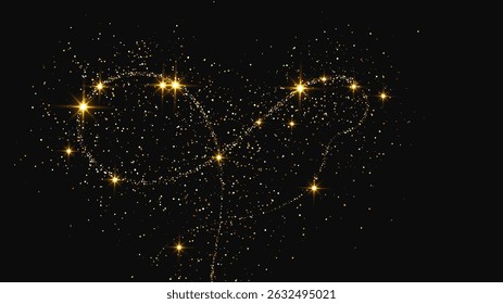 Gold glittering confetti wave and stardust. Backdrop with golden magical sparkles on dark background. Vector illustration