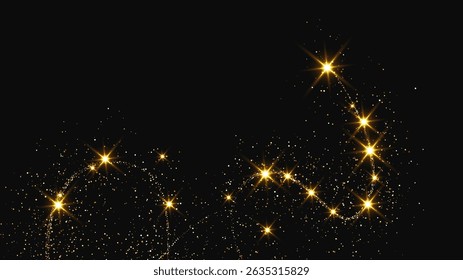 Gold glittering confetti wave and stardust. Backdrop with golden magical sparkles on dark background. Vector illustration