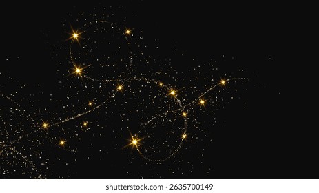 Gold glittering confetti wave and stardust. Backdrop with golden magical sparkles on dark background. Vector illustration