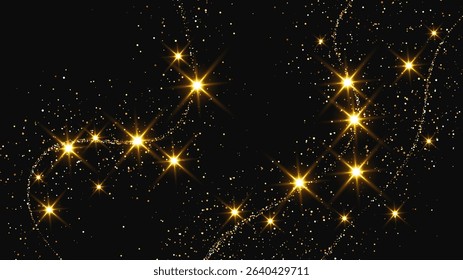 Gold glittering confetti wave and stardust. Backdrop with golden magical sparkles on dark background. Vector illustration